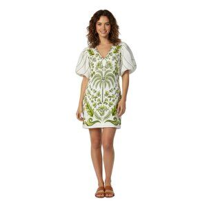 Farm Rio Off White Milani Mini Dress L Linen V-Neck Lined Hook Eye Style 333876